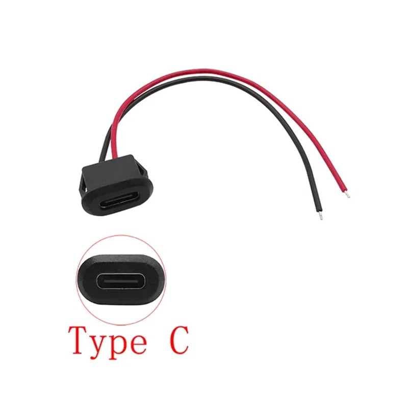 Female Type C Socket Connector With Wire 2Pin Waterproof Jack Charging Port (Black) d6nBZ
