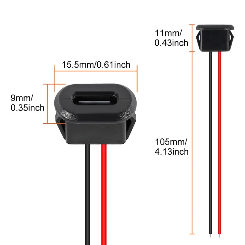 Female Type C Socket Connector With Wire 2Pin Waterproof Jack Charging Port (Black) d6nBZ