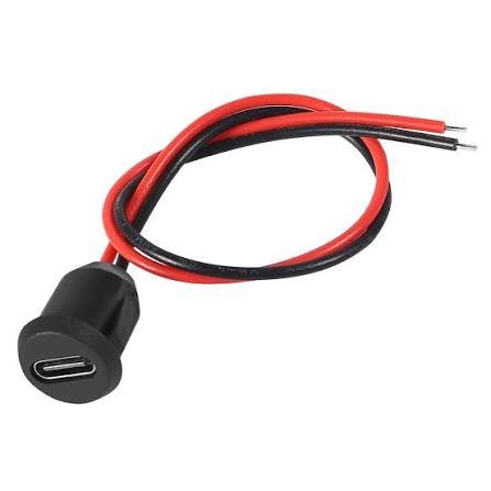 Round Female Type C Socket Connector With Wire 2Pin Waterproof Jack Charging Port (Black)
