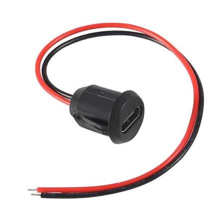 Round Female Type C Socket Connector With Wire 2Pin Waterproof Jack Charging Port (Black)