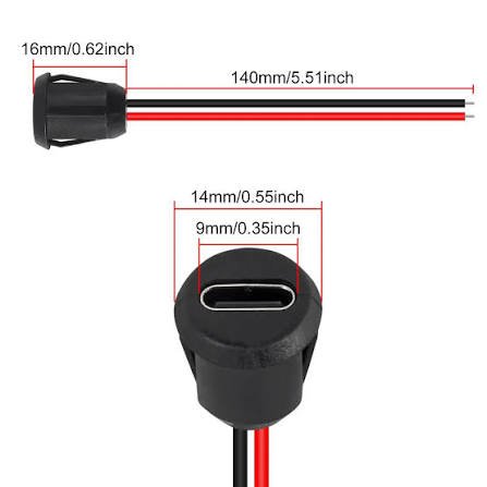 Round Female Type C Socket Connector With Wire 2Pin Waterproof Jack Charging Port (Black)