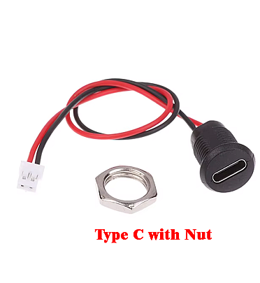 Round Female Type C Socket Connector With Wire 2Pin and nut Waterproof Jack Charging Port (Black)