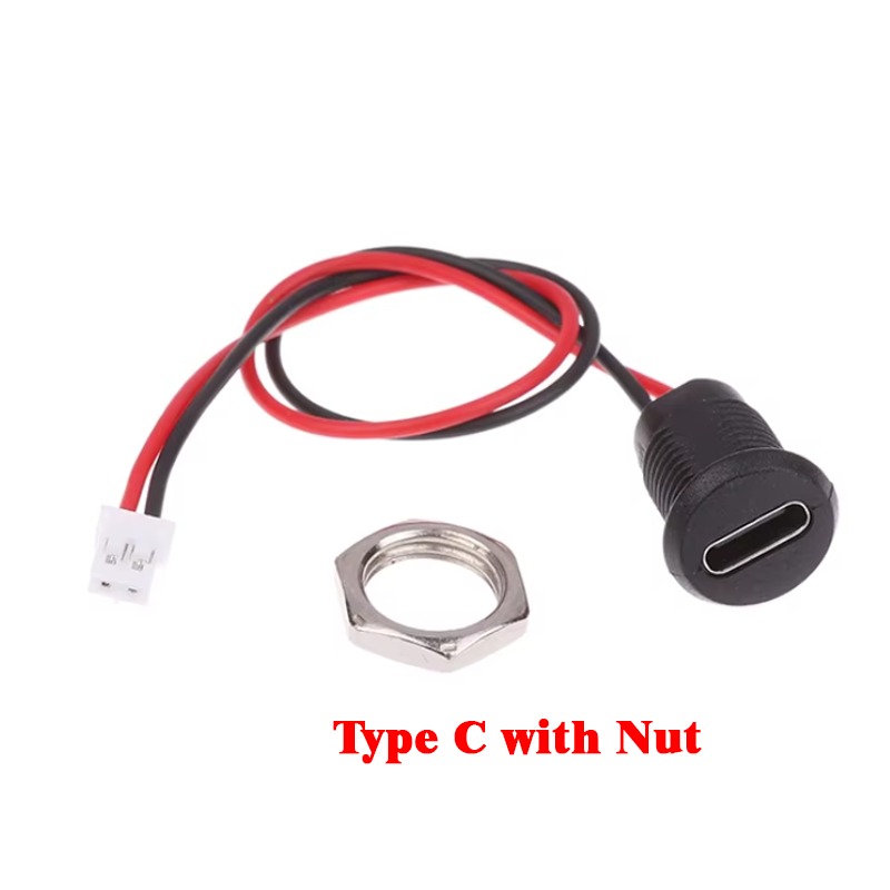 Round Female Type C Socket Connector With Wire 2Pin and nut Waterproof Jack Charging Port (Black)