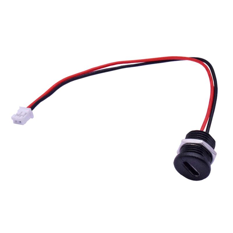 Round Female Type C Socket Connector With Wire 2Pin and nut Waterproof Jack Charging Port (Black)