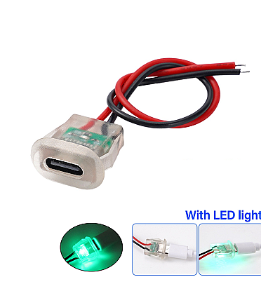 Female Type C Socket Connector With Led and Wire 2Pin Waterproof Jack Charging Port