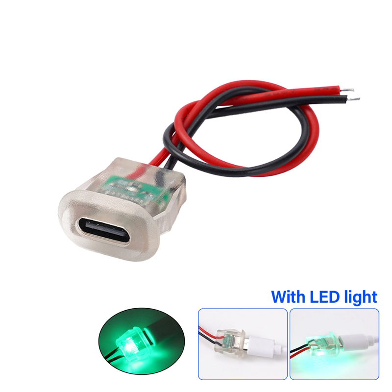 Female Type C Socket Connector With Led and Wire 2Pin Waterproof Jack Charging Port