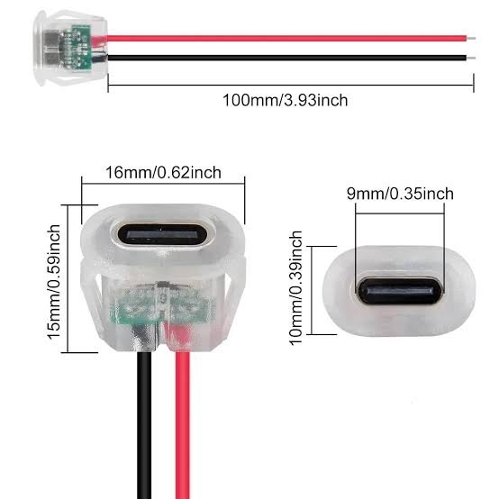 Female Type C Socket Connector With Led and Wire 2Pin Waterproof Jack Charging Port