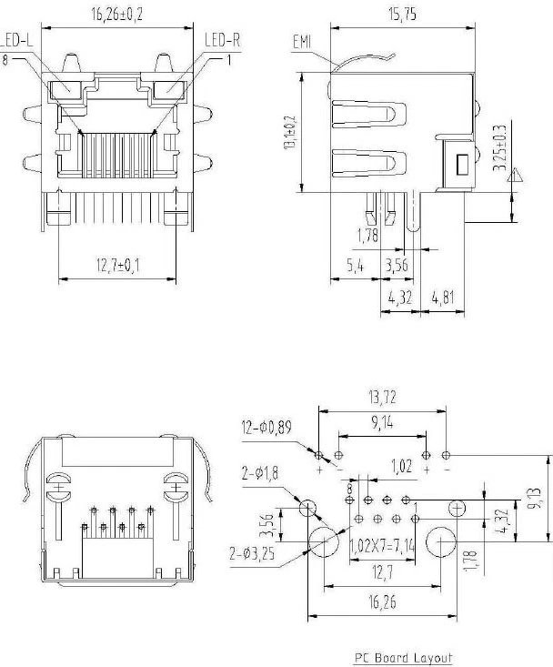 RJ45 - 8Pin  (8P8C)  Shielded PCB Mount Network Socket Connector With LED Ethernet (LAN) Female