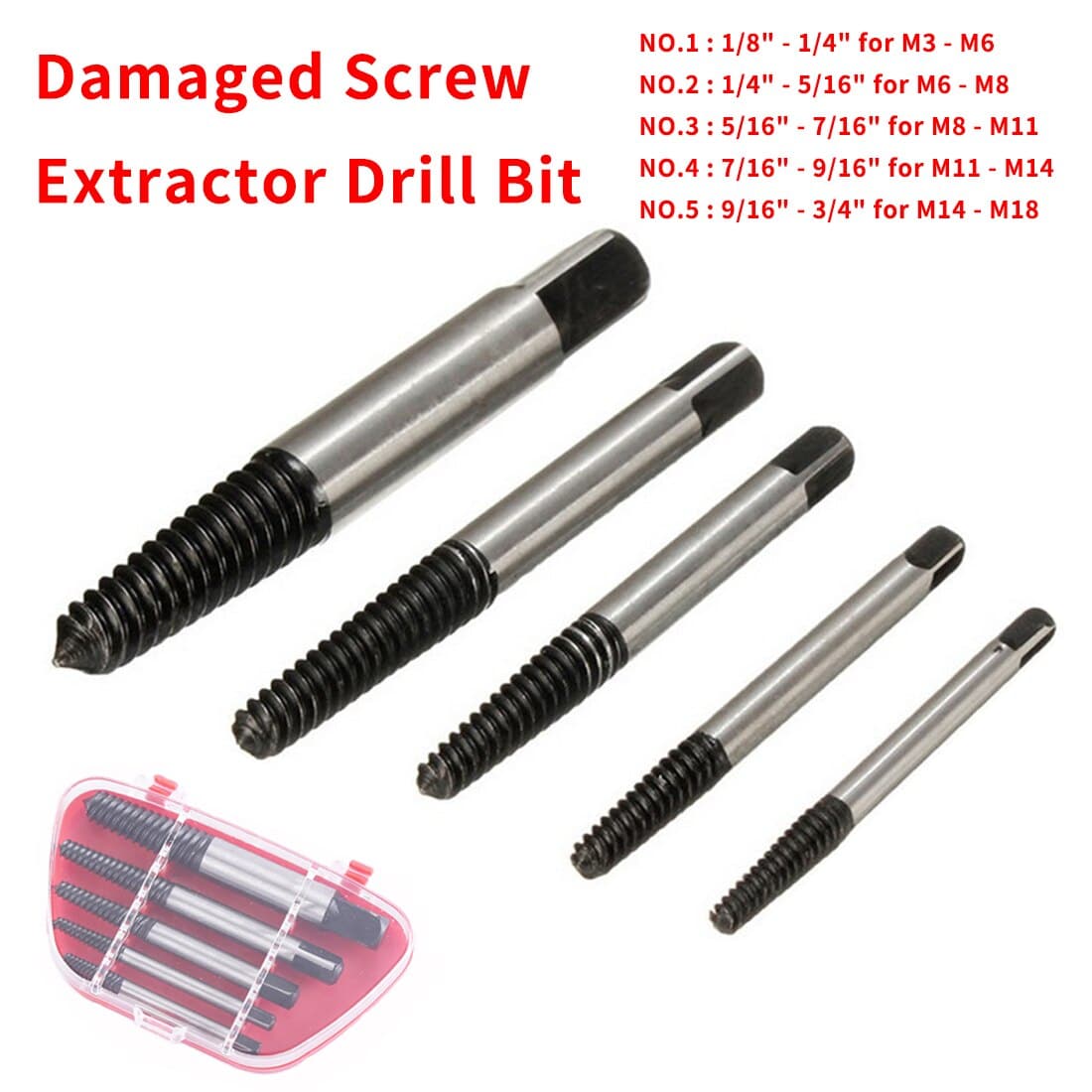 Screw Extractors Damaged Broken Screws Removal Tool for 3.2mm-10.5mm (5pcs/set)