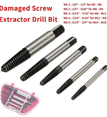 Screw Extractors Damaged Broken Screws Removal Tool for 3.2mm-10.5mm (5pcs/set)