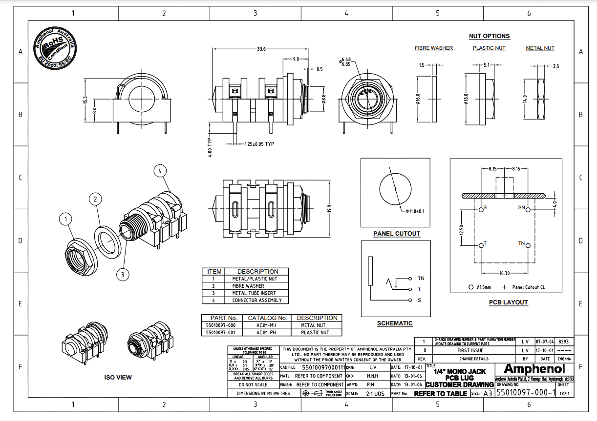 Audio Microphone Female socket/Jack - Japan -6.35mm - 4Pin Mono (PJ-609)