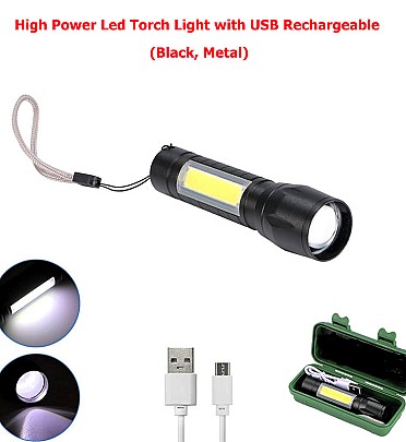 High Power Led Torch Light with USB Rechargeable (Black, Metal)