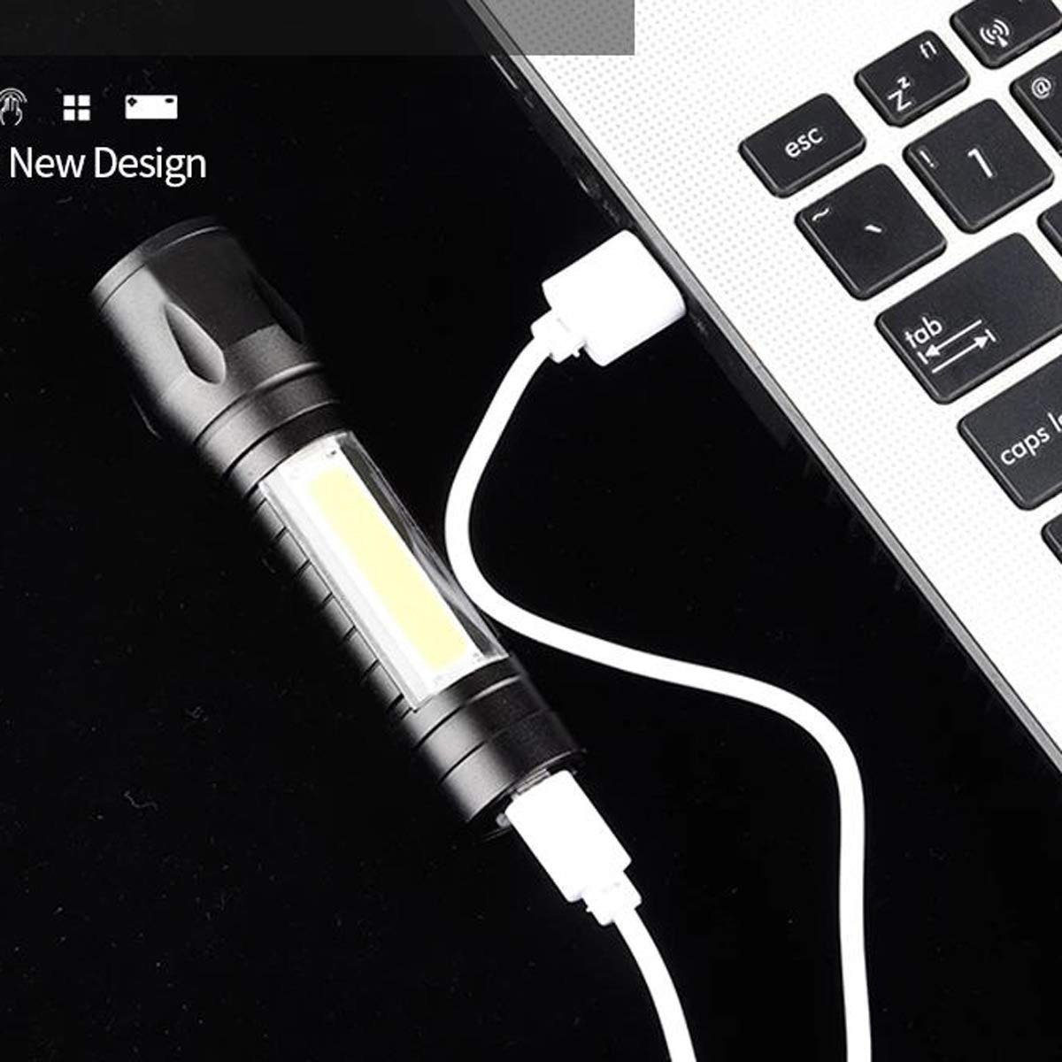 High Power Led Torch Light with USB Rechargeable (Black, Metal)
