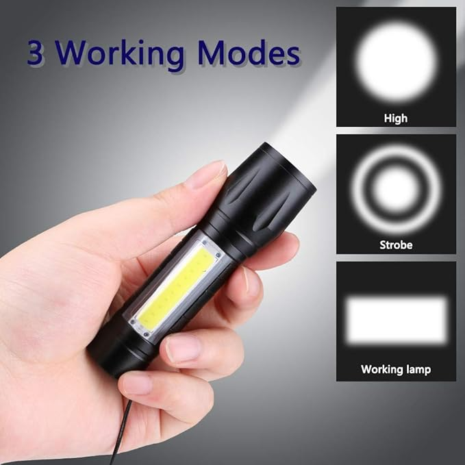 High Power Led Torch Light with USB Rechargeable (Black, Metal)