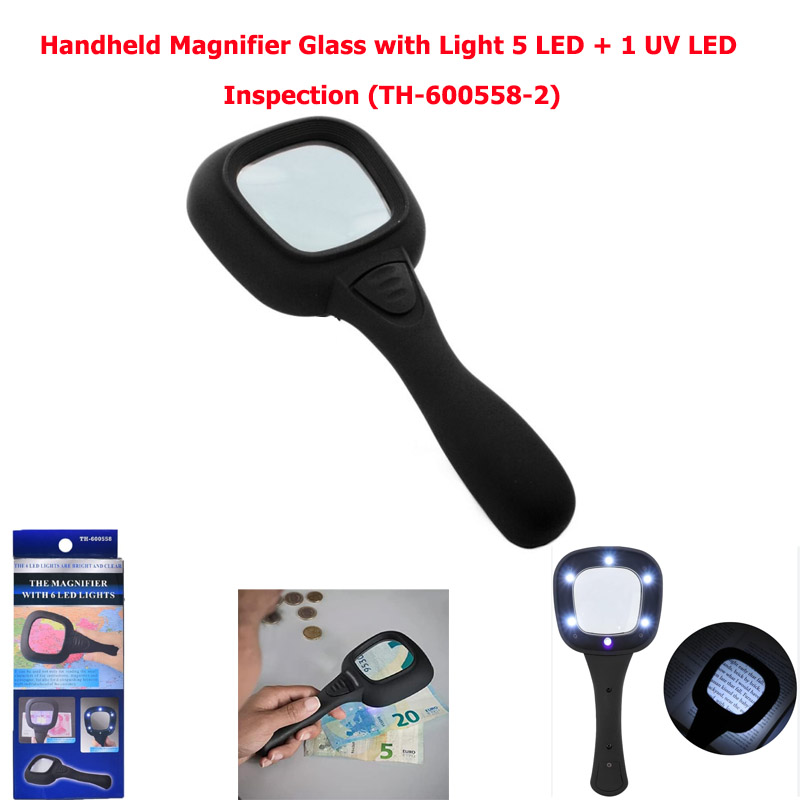 Handheld Magnifier Glass with Light 5 LED + 1 UV LED Inspection (TH-600558-2)