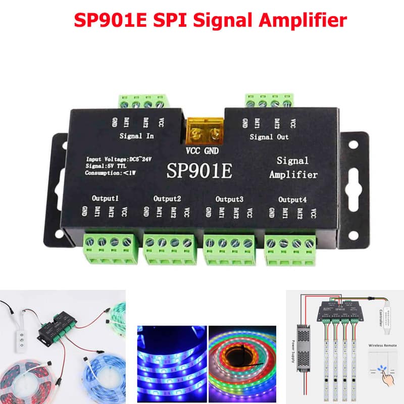 SP901E SPI Signal Amplifier Repeater 4CH( DC5-24V) For Addressable LED Magic Strip