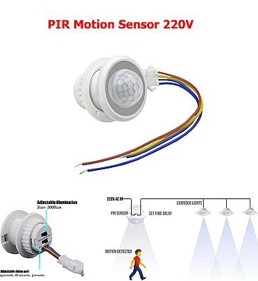 PIR Motion Sensor 220V Infrared Switch With Adjustable Light Sensitivity and Time Delay - RS3129