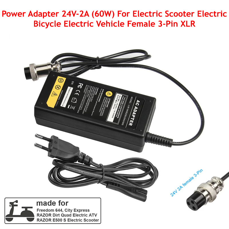 Power Adapter 24V-2A (60W) For Electric Scooter Electric Bicycle Electric Vehicle Female 3-Pin XLR