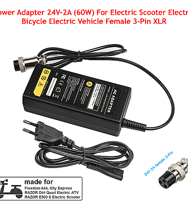 Power Adapter 24V-2A (60W) For Electric Scooter Electric Bicycle Electric Vehicle Female 3-Pin XLR