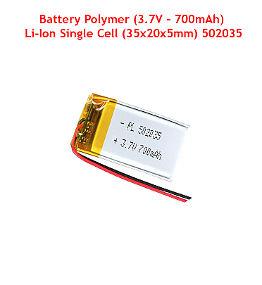 Battery Polymer (3.7V – 700mAh) Li-Ion Single Cell (35x20x5mm) 502035