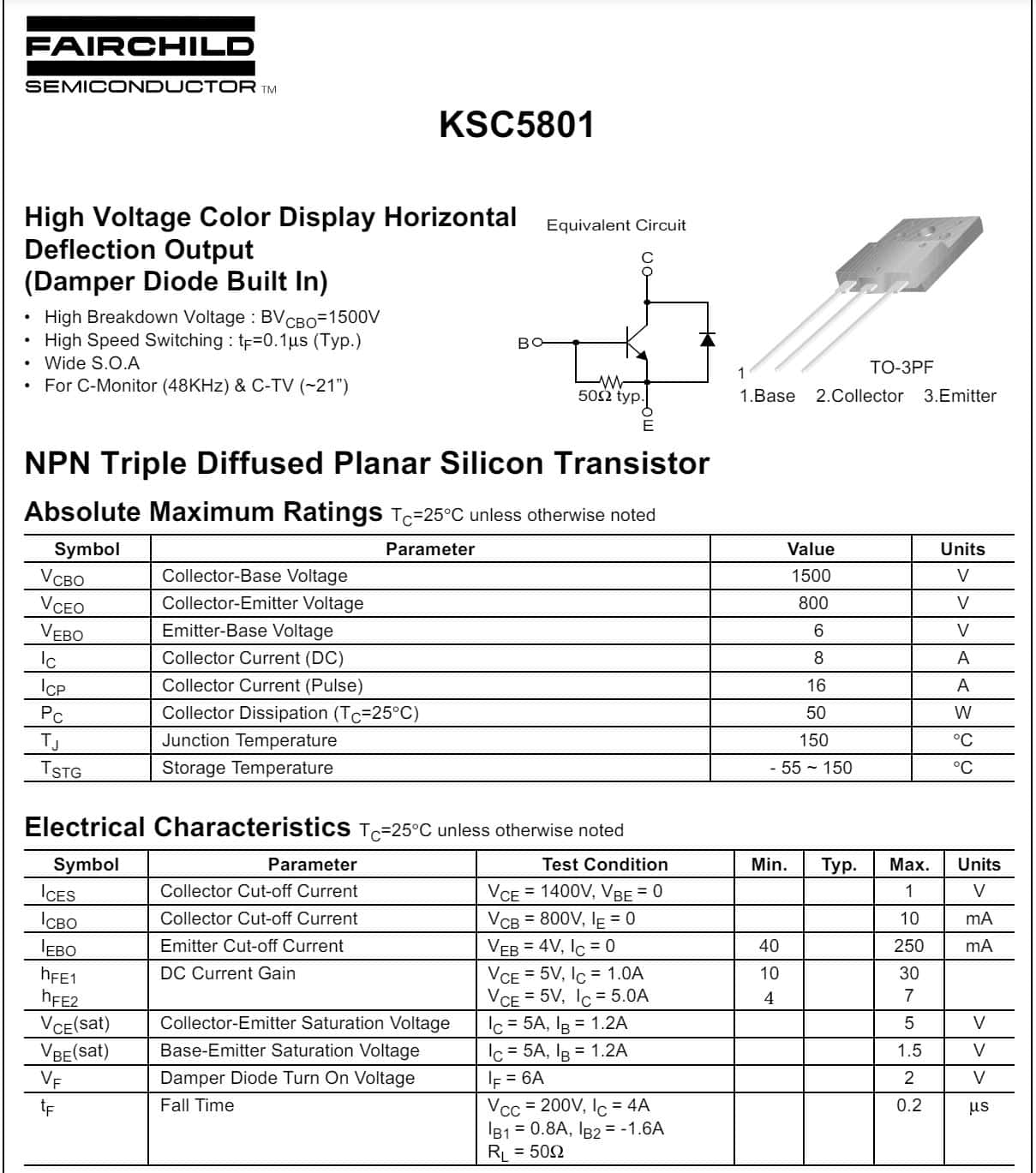 C5801 (2SC5801) NPN High Voltage Color Display Horizontal (800V , 8A)