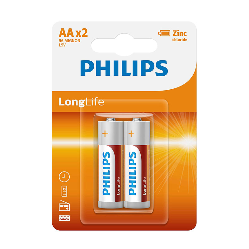 2Pcs Battery AA 1.5V -  PHILIPS R6L2B Long Life Zinc Battery