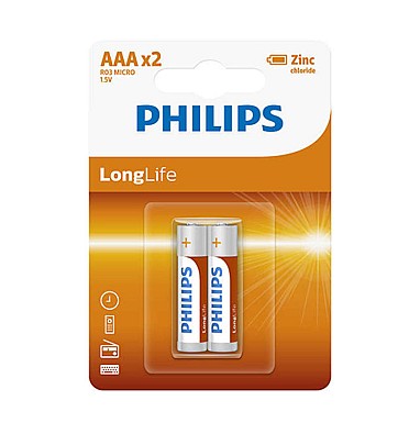 2Pcs Battery AAA 1.5V -  PHILIPS R03L2B Long Life Zinc Battery
