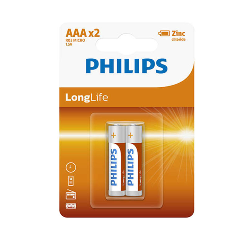 2Pcs Battery AAA 1.5V -  PHILIPS R03L2B Long Life Zinc Battery