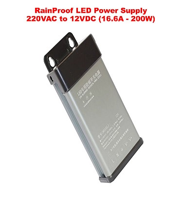 Rainproof LED Power Supply 220VAC to 12VDC (16.6A - 200W)