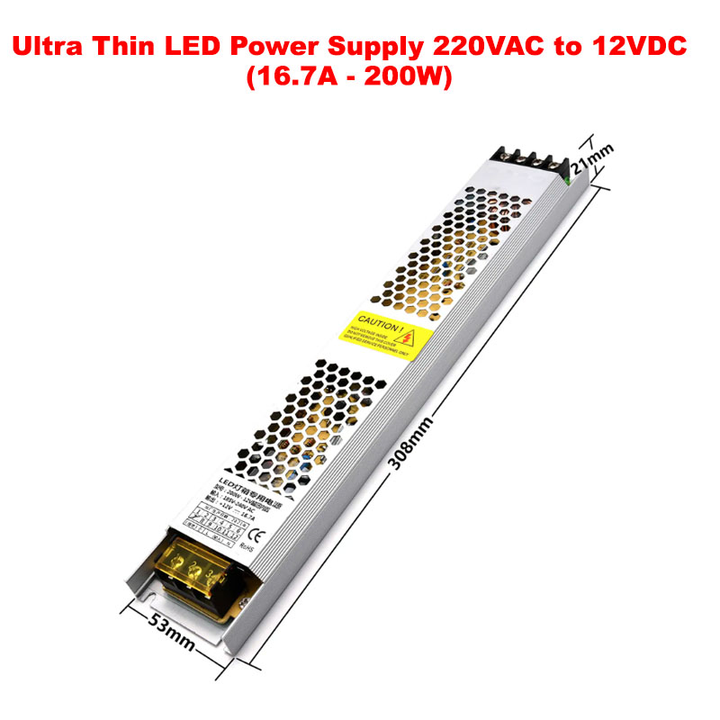 Ultra Thin LED Power Supply 220VAC to 12VDC (16.7A - 200W)