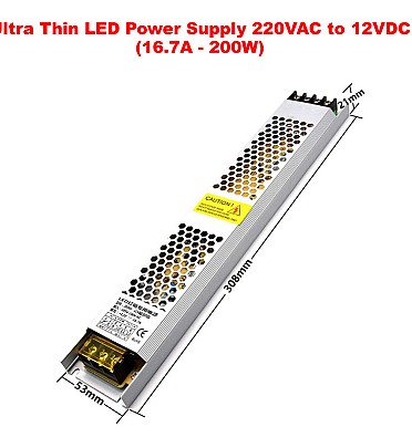 Ultra Thin LED Power Supply 220VAC to 12VDC (16.7A - 200W)