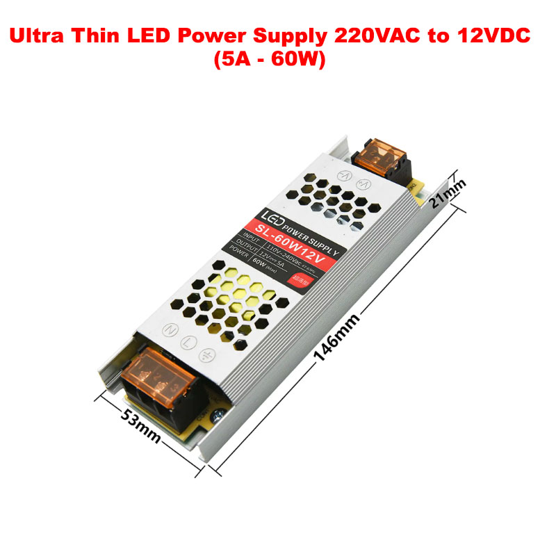 Ultra Thin LED Power Supply 220VAC to 12VDC (5A - 60W)