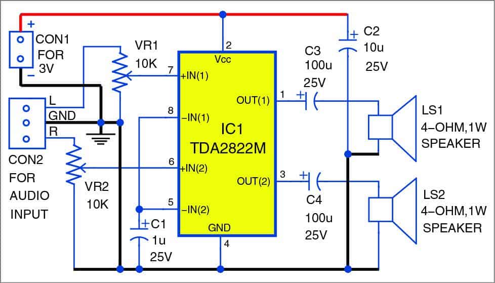 TDA2822 (2 x 1 W)  Dual Low Power Audio Amplifier