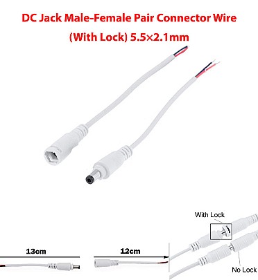 Pair DC Plug Jack Connector (Male + Female) With Wire (With Lock) 5.5×2.1mm
