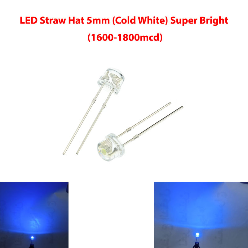 LED Straw Hat 5mm (Cold White) Super Bright (1600-1800mcd)