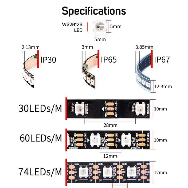 Led Strip WS2812 Addressable RGB 5050 LED soft strip WaterProof IP65 (60Led/M - 5V)