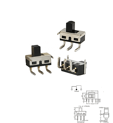 Slide Switch 2 State PCB Mounted Verticle Right Angle (3-PIN - SS-12D11G5 - 1P2T )