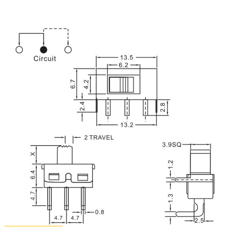 Slide Switch 2 State PCB Mounted Verticle Right Angle (3-PIN - SS-12D11G5 - 1P2T )