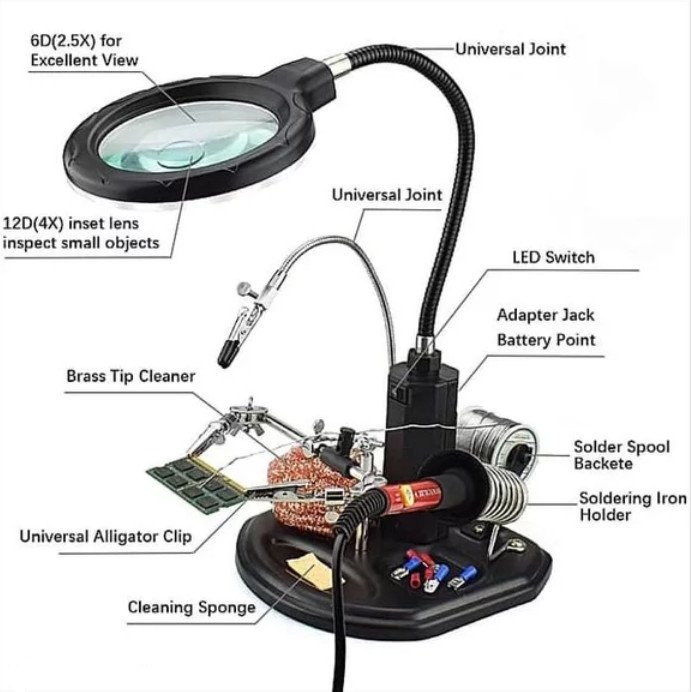 Advanced Desk Lamp Magnifying Glass With Third-Hand Iron Soldering Base (TE-802)