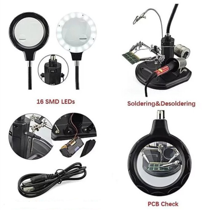 Advanced Desk Lamp Magnifying Glass With Third-Hand Iron Soldering Base (TE-802)