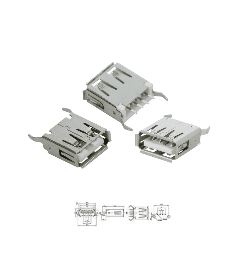 Female USB Connector Type A (Vertical 180°) - DIP