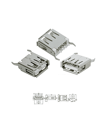 Female USB Connector Type A (Vertical 180°) - DIP