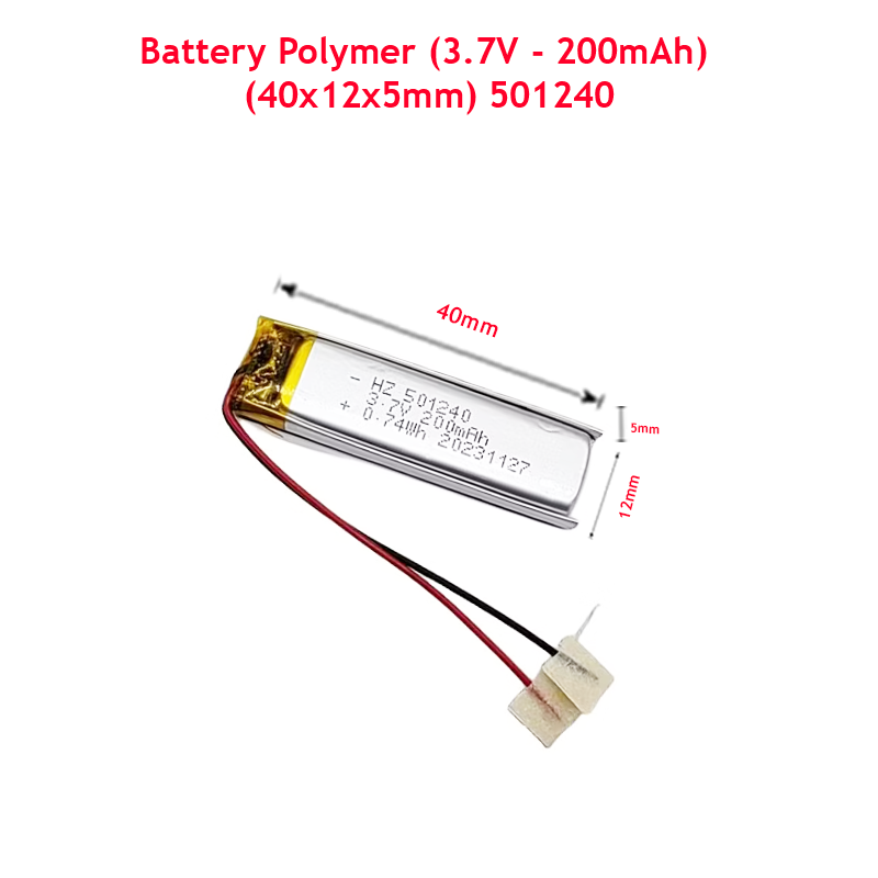 Battery Polymer (3.7V – 200mAh) Li-Ion Single Cell (40x12x5mm) 501240