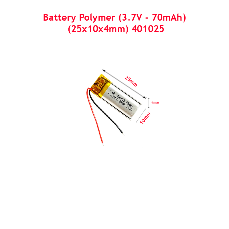 Battery Polymer (3.7V - 70mAh) Li-Ion Single Cell (25x10x4mm) 401025
