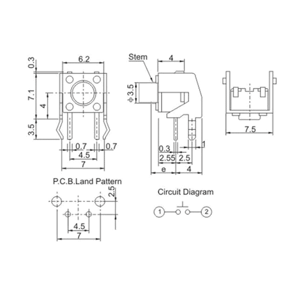 Push Button Long Right Angle 2Pin+2Base (7x7.5x6mm)