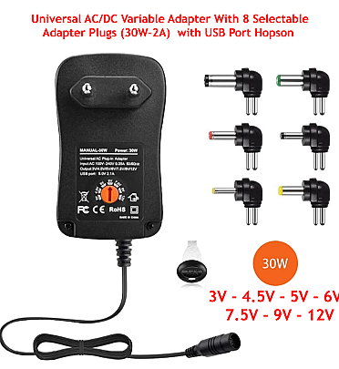 Universal AC/DC Variable Adapter With 8 Selectable Adapter Plugs (30W-2A)  with USB Port Hopson