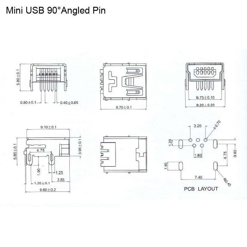 USB Type B - 5Pin Female Connector DIP Pin For PCB