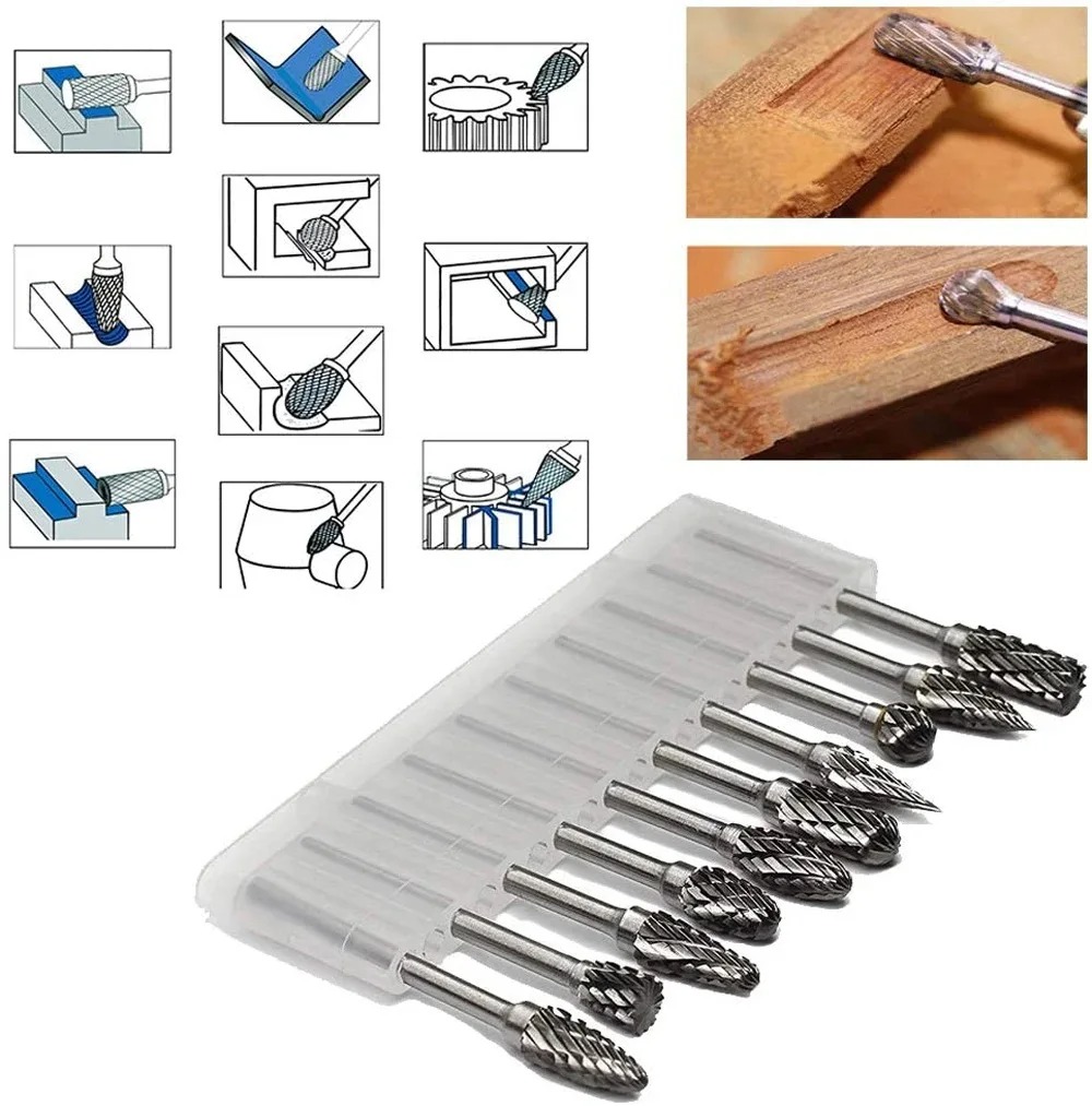 Tungsten Carbide Rotary File Set 3x6mm Double Cut Rotary Burr 10Pcs/Set For Rotary Tools Accessories