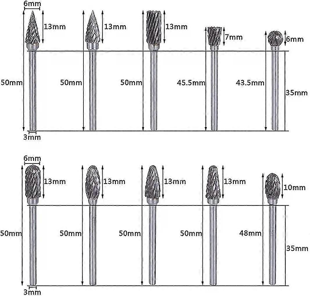 Tungsten Carbide Rotary File Set 3x6mm Double Cut Rotary Burr 10Pcs/Set For Rotary Tools Accessories