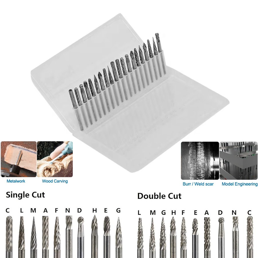 Tungsten Carbide Rotary File Set 3x3mm Single and Double Cut Rotary Burr 20Pcs/Set For Rotary Tools Accessories